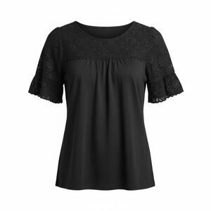 LOFT Women’s Black Blouse Size Large Lace Short Sleeve Keyhole Back Top
